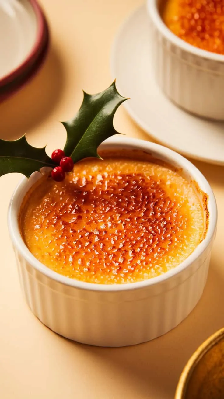 A delicious eggnog crème brûlée topped with holly leaves.