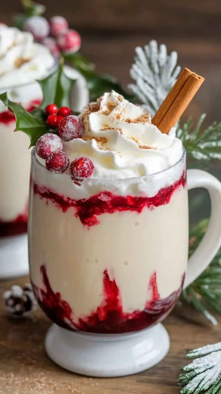 A festive glass of cranberry eggnog topped with whipped cream and garnish.