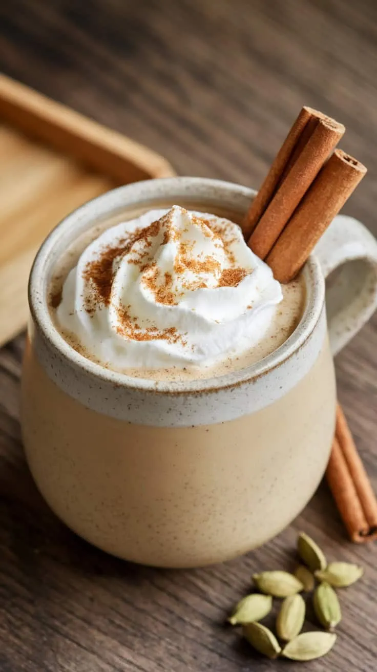 A cozy cup of chai eggnog topped with whipped cream and cinnamon sticks.