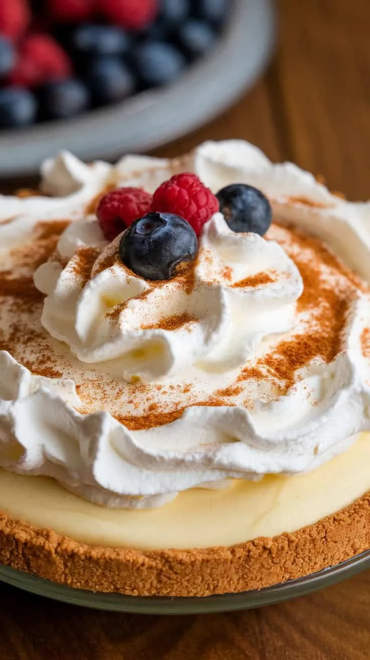 Close-up of a no-bake eggnog cream pie topped with whipped cream, blueberries, and raspberries on a wooden table.