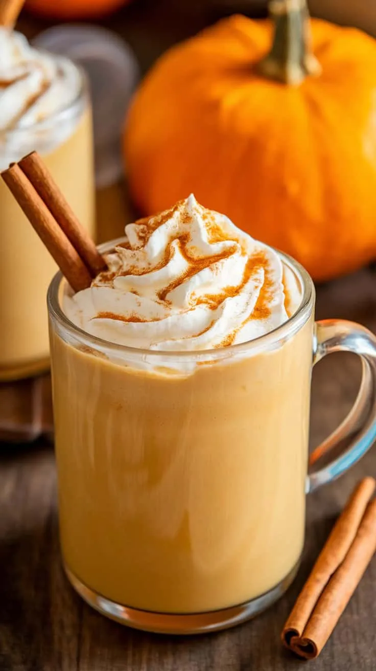A glass of pumpkin spice eggnog topped with whipped cream and cinnamon sticks, with a pumpkin in the background.