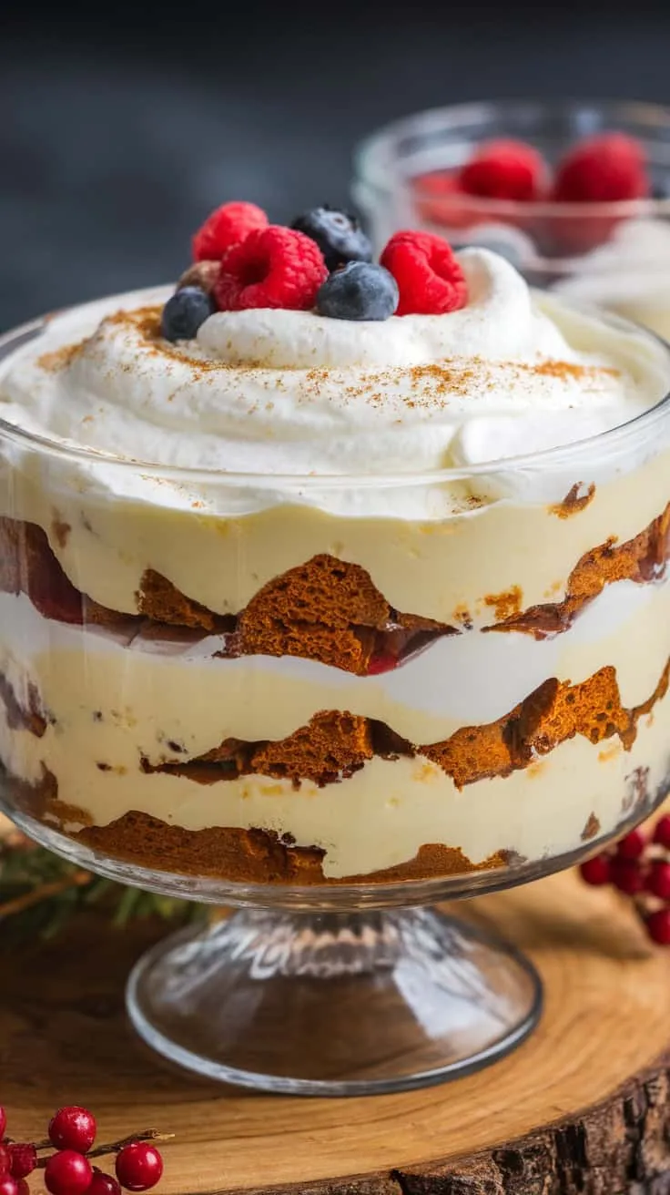 Delicious eggnog trifle layered with spice cake and topped with berries.