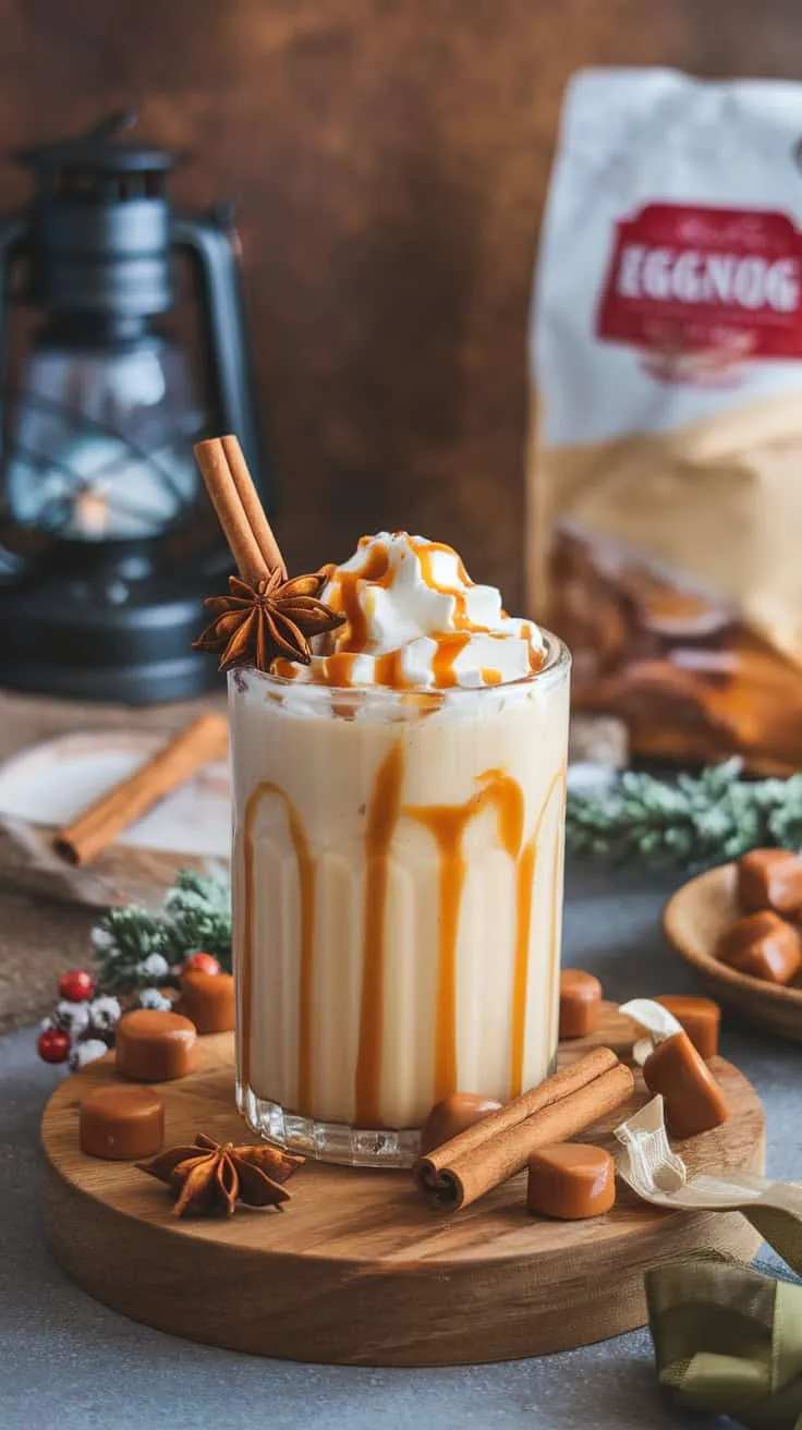 A glass of salted caramel eggnog topped with whipped cream and caramel drizzle, surrounded by festive decorations.