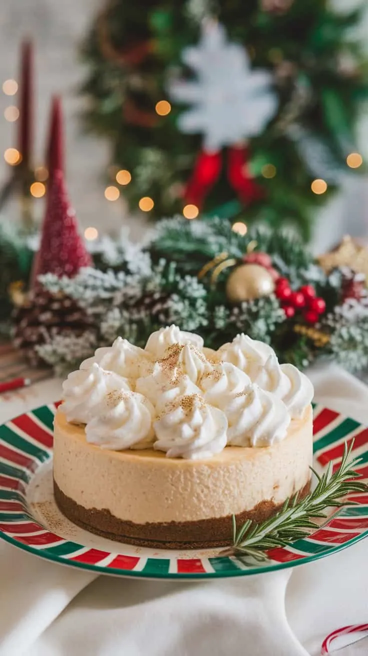 A beautifully decorated eggnog cheesecake with whipped cream and nutmeg on a festive plate, surrounded by holiday decorations.