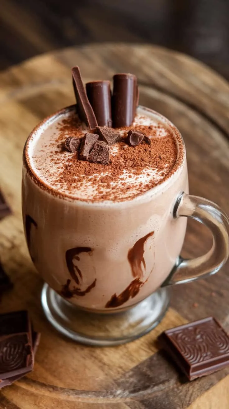 A rich chocolate eggnog topped with chocolate shavings in a transparent glass mug.