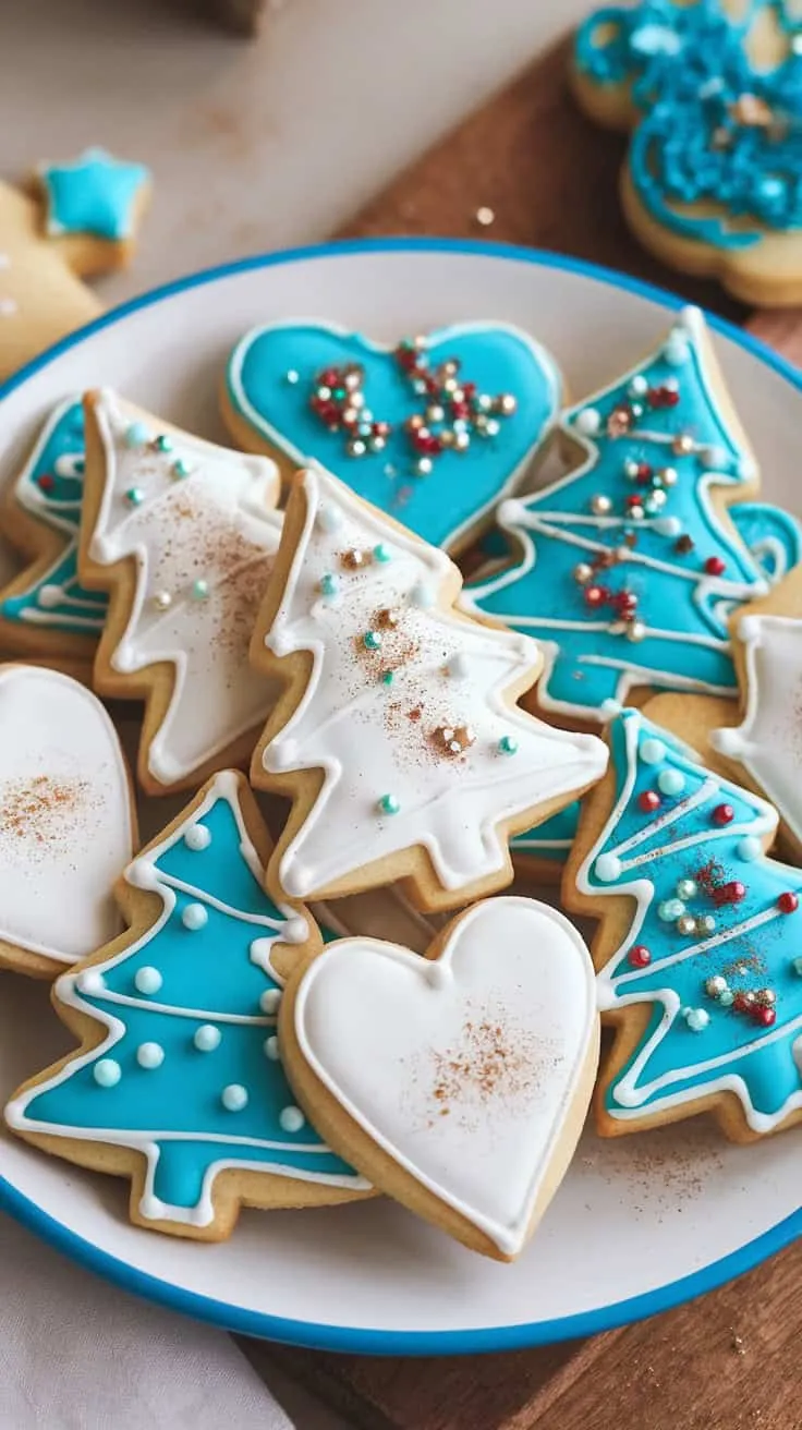 Plate of decorated sugar cookies shaped like Christmas trees and hearts, with blue icing and colorful sprinkles.