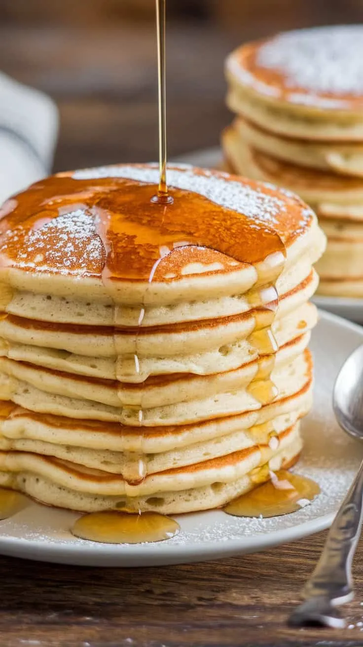 Stack of fluffy pancakes drizzled with syrup