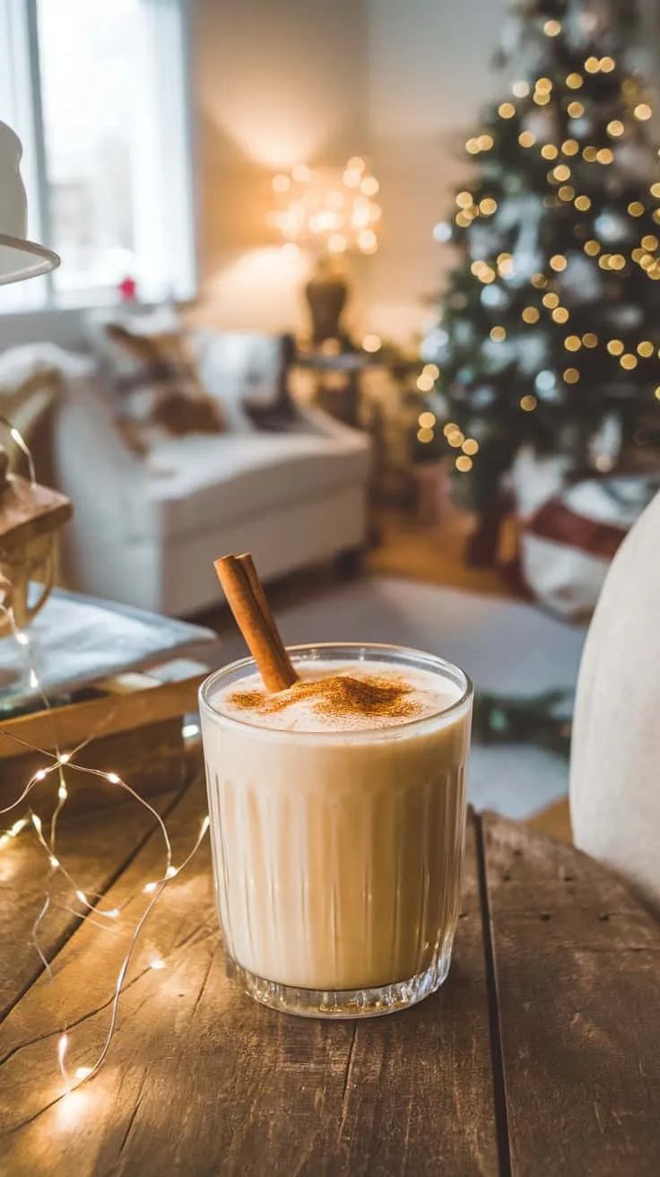 A glass of eggnog with cinnamon sticks on a wooden table, surrounded by holiday decorations