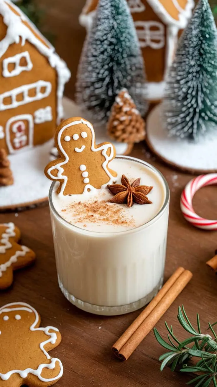 A glass of gingerbread eggnog topped with a gingerbread cookie and star anise, surrounded by gingerbread houses and pine trees.