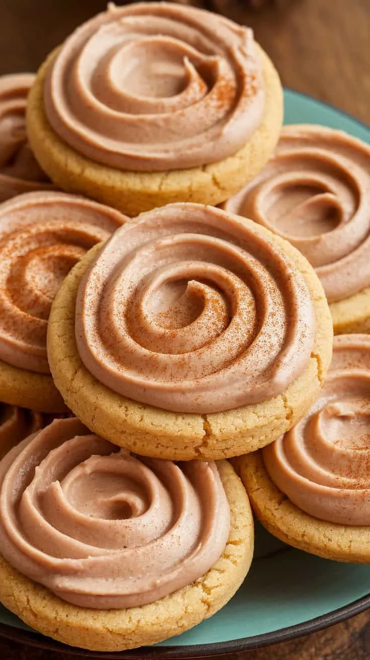 A plate of spiced eggnog thumbprint cookies with creamy frosting.