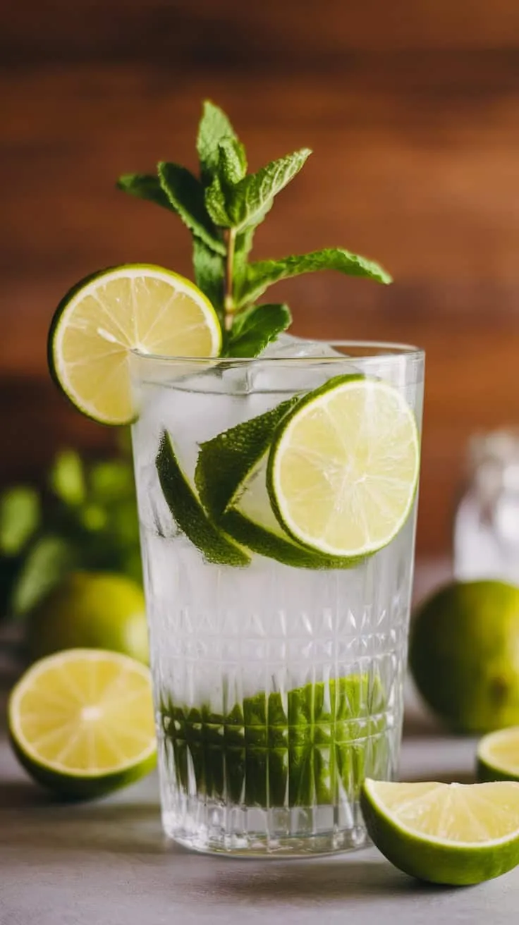 A refreshing Eggnog Mojito with mint and lime in a glass.