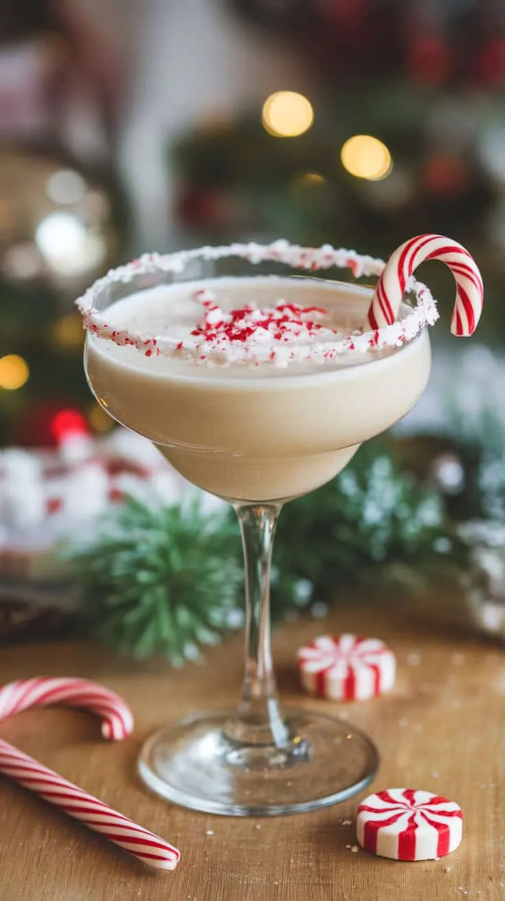 A delicious Peppermint Eggnog Martini garnished with a candy cane