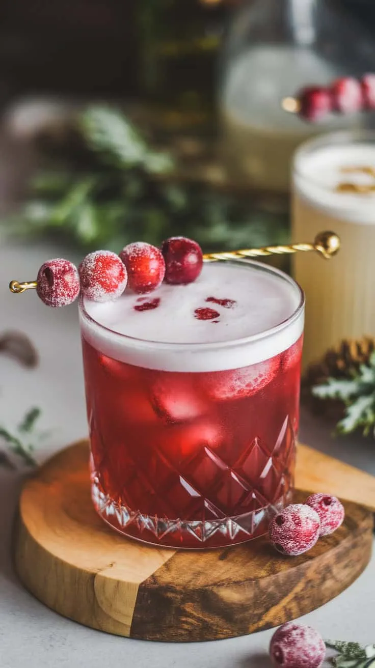 A vibrant Cranberry Eggnog Sour cocktail garnished with sugared cranberries, served in a crystal glass on a wooden coaster.