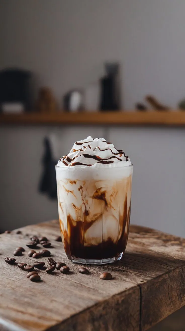 A delicious Irish Cream Cold Brew served in a glass with whipped cream and chocolate drizzle, placed on a wooden table with coffee beans.