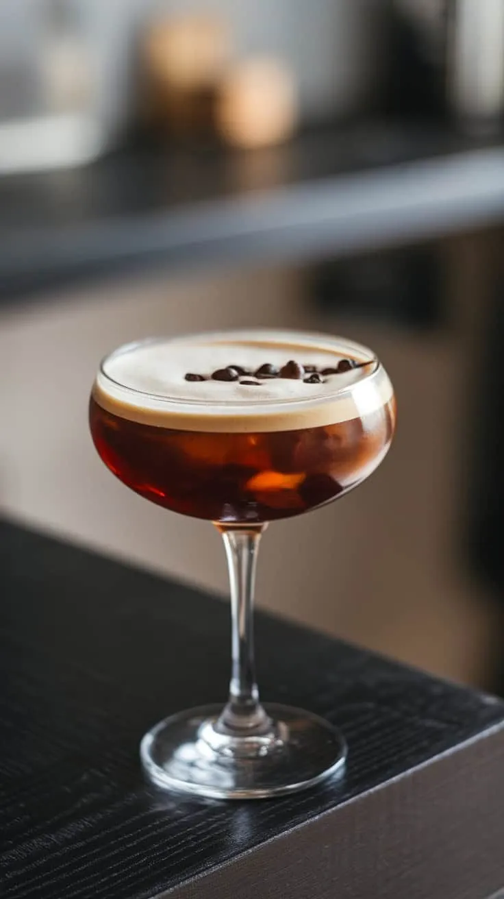 A Cold Brew Martini served in a stylish glass, garnished with coffee beans.