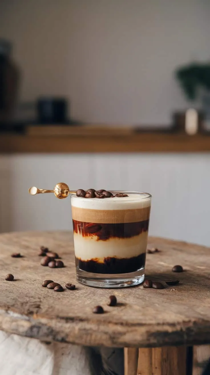 A beautifully layered Easy Carajillo cocktail served in a glass garnished with coffee beans.