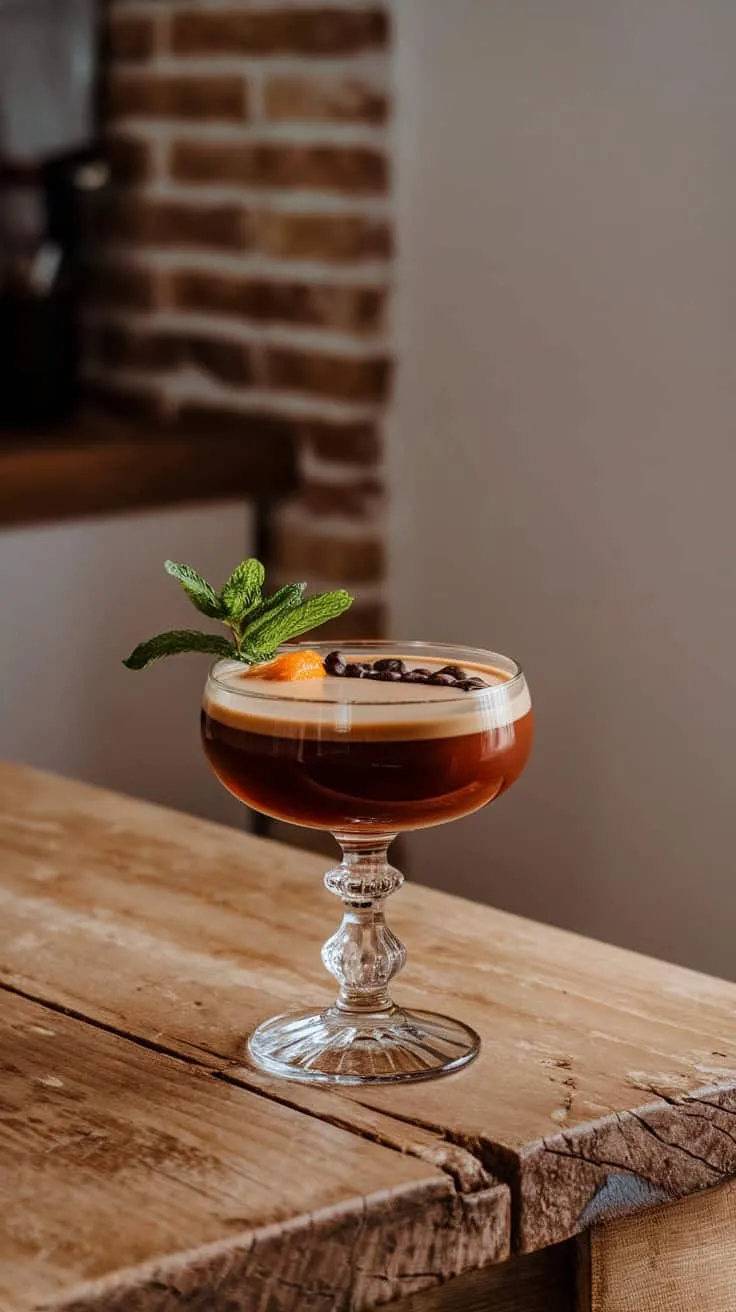 A Siciliano Coffee Cocktail served in an elegant glass, garnished with mint and orange, on a wooden table.