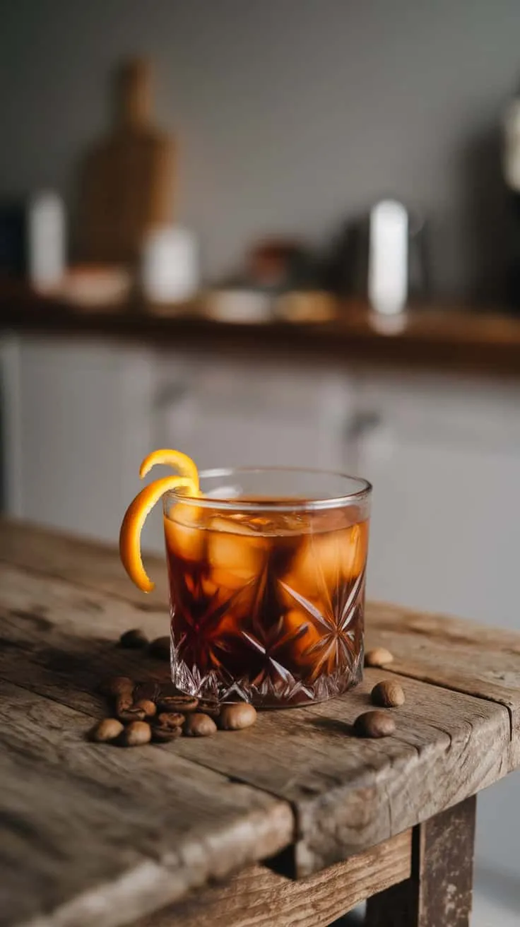 A stylish Espresso Old Fashioned cocktail served in a crystal glass, featuring ice, espresso, and an orange twist on the rim.
