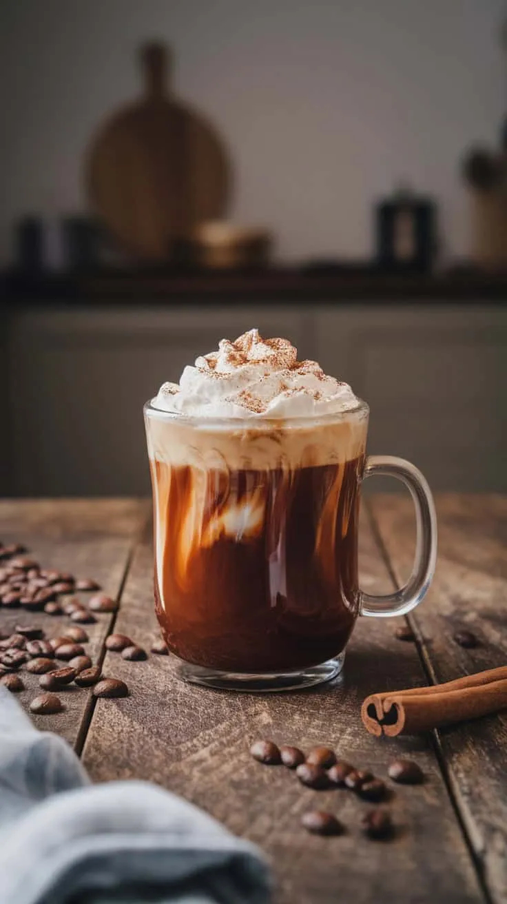 A glass of spiced rum coffee topped with whipped cream and cinnamon, surrounded by coffee beans and a cinnamon stick.