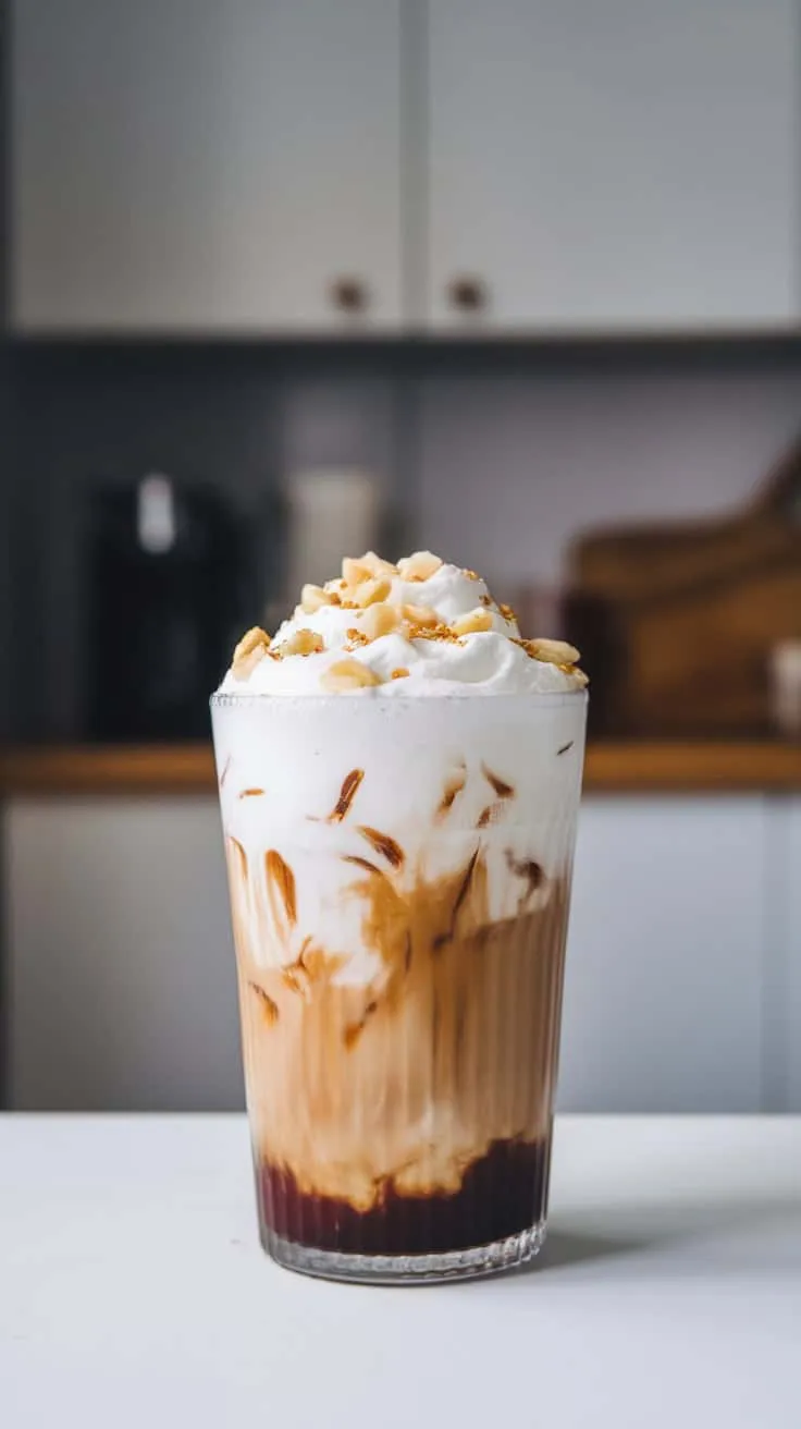 Iced coffee topped with whipped cream and crushed macadamia nuts