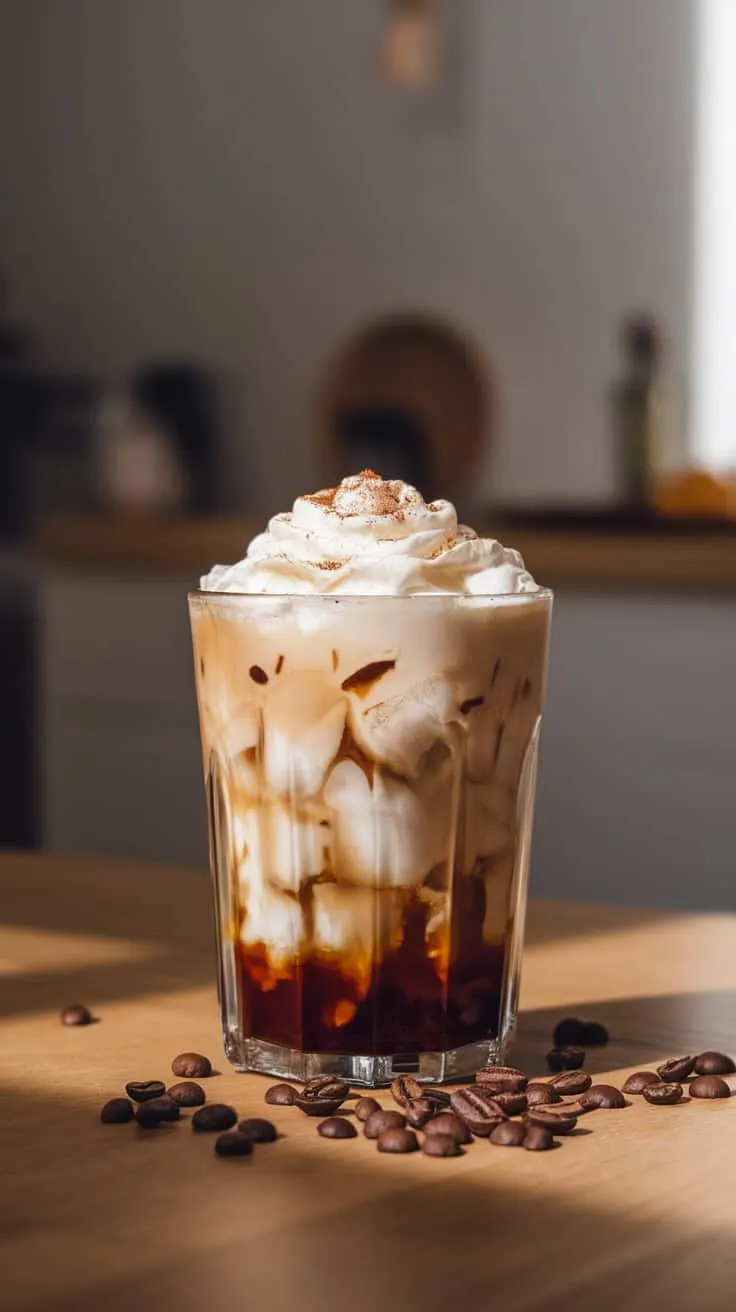 A glass of iced coffee topped with whipped cream and sprinkled with a spice blend, set on a wooden table with coffee beans around it.