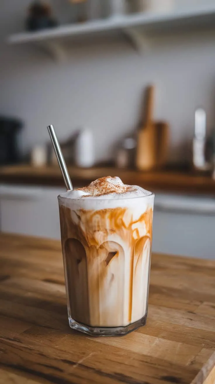 A glass of iced coffee with chai spices on top, served with a metal straw.