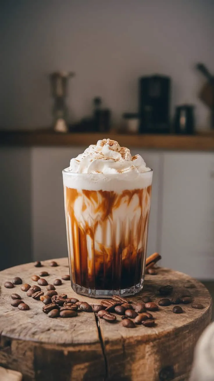 A glass of creamy cold brew coffee topped with whipped cream and surrounded by coffee beans.