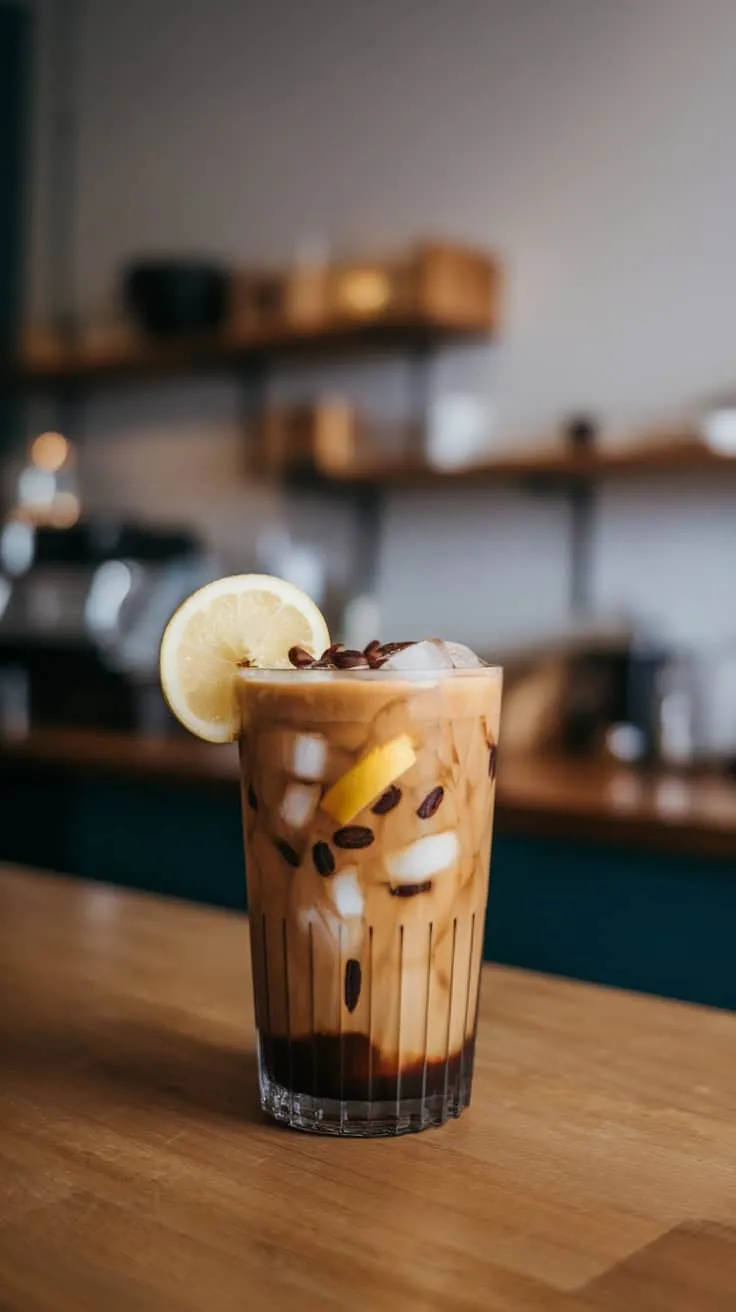 A glass of iced coffee with lemon and coffee beans on a wooden table.