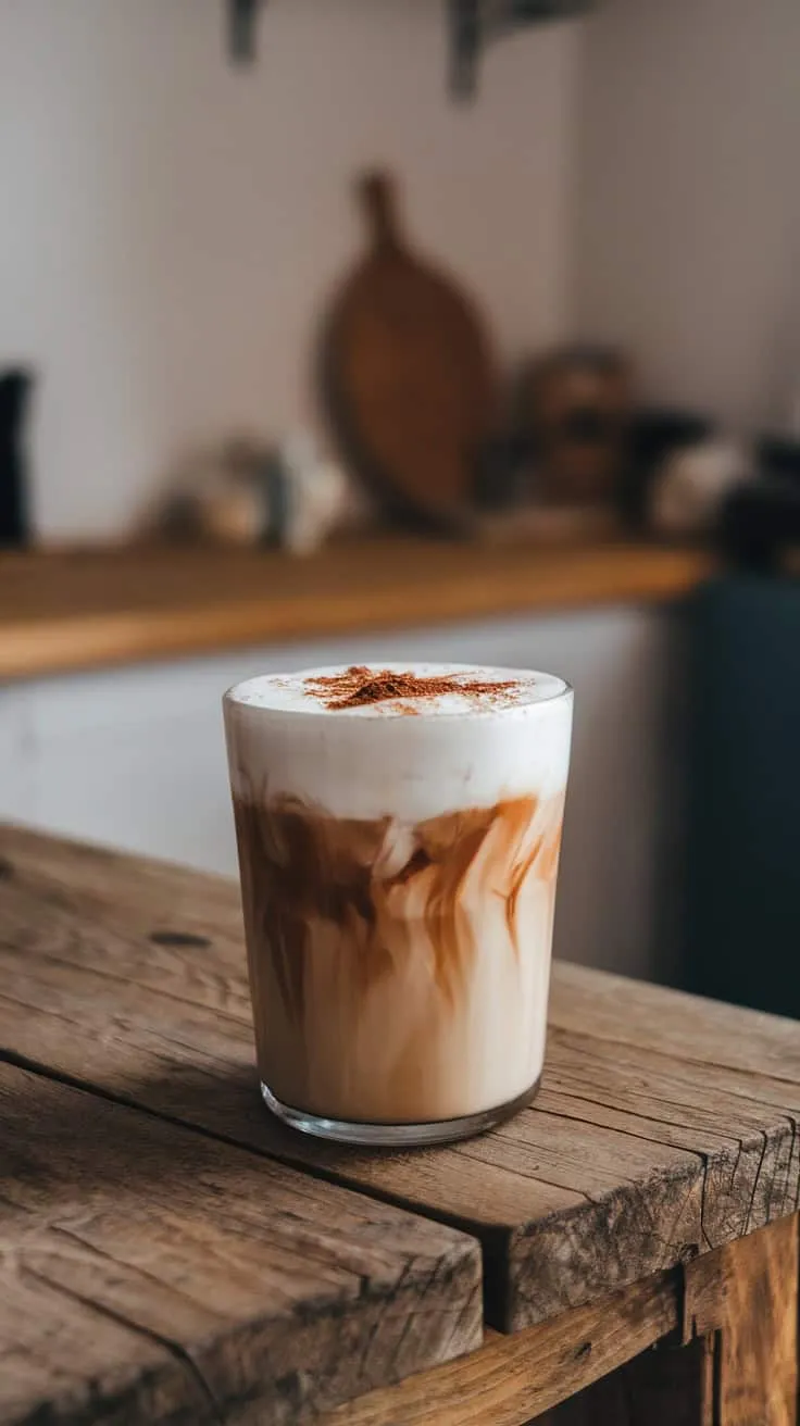 A glass of iced coffee with cream on top, sitting on a wooden table.