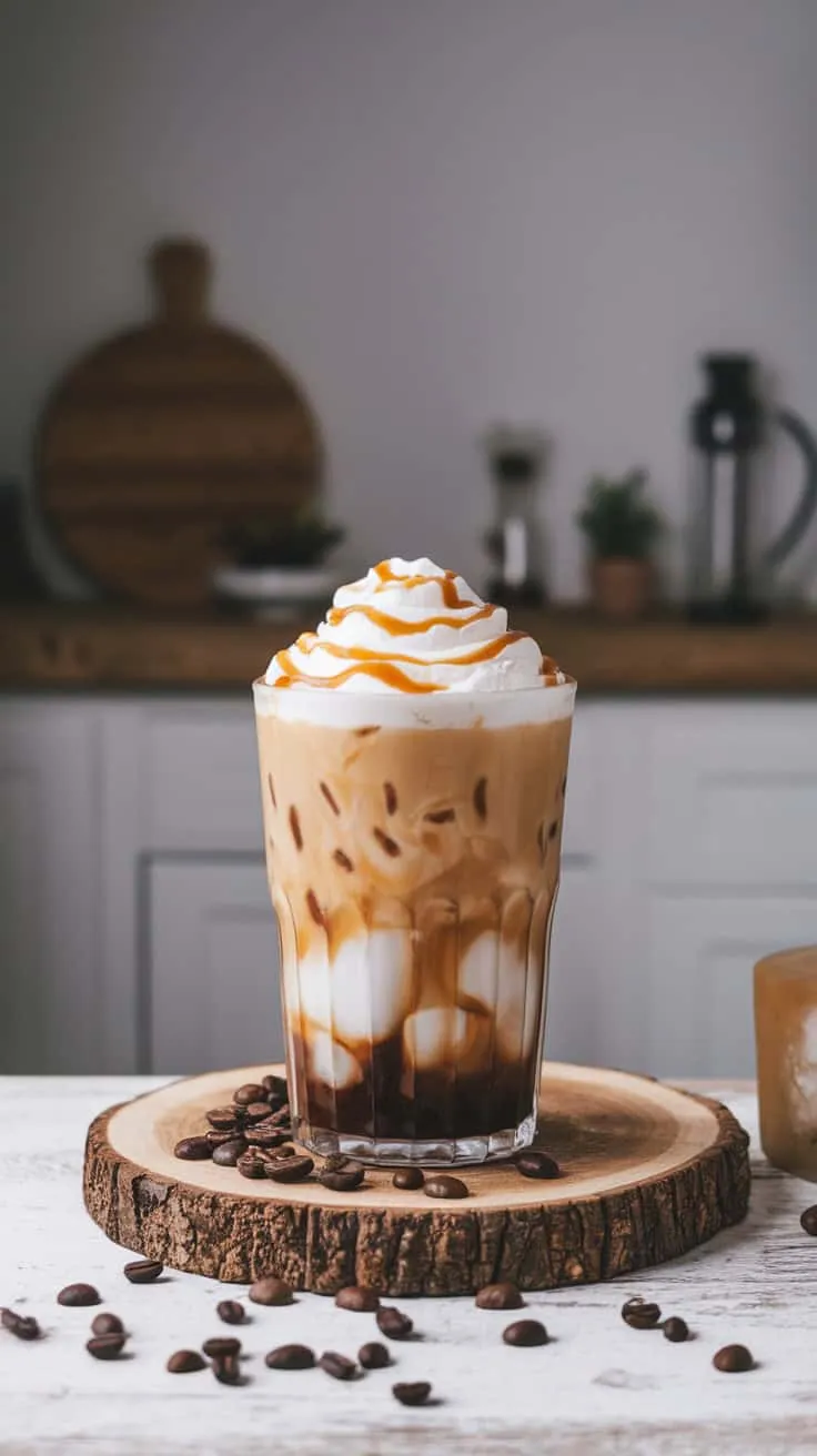 A delicious glass of Keto Caramel Macchiato Iced Coffee topped with whipped cream and caramel drizzle.