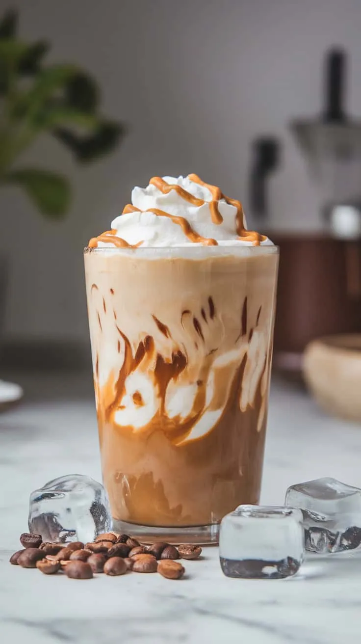 A delicious iced coffee topped with whipped cream and a drizzle of peanut butter