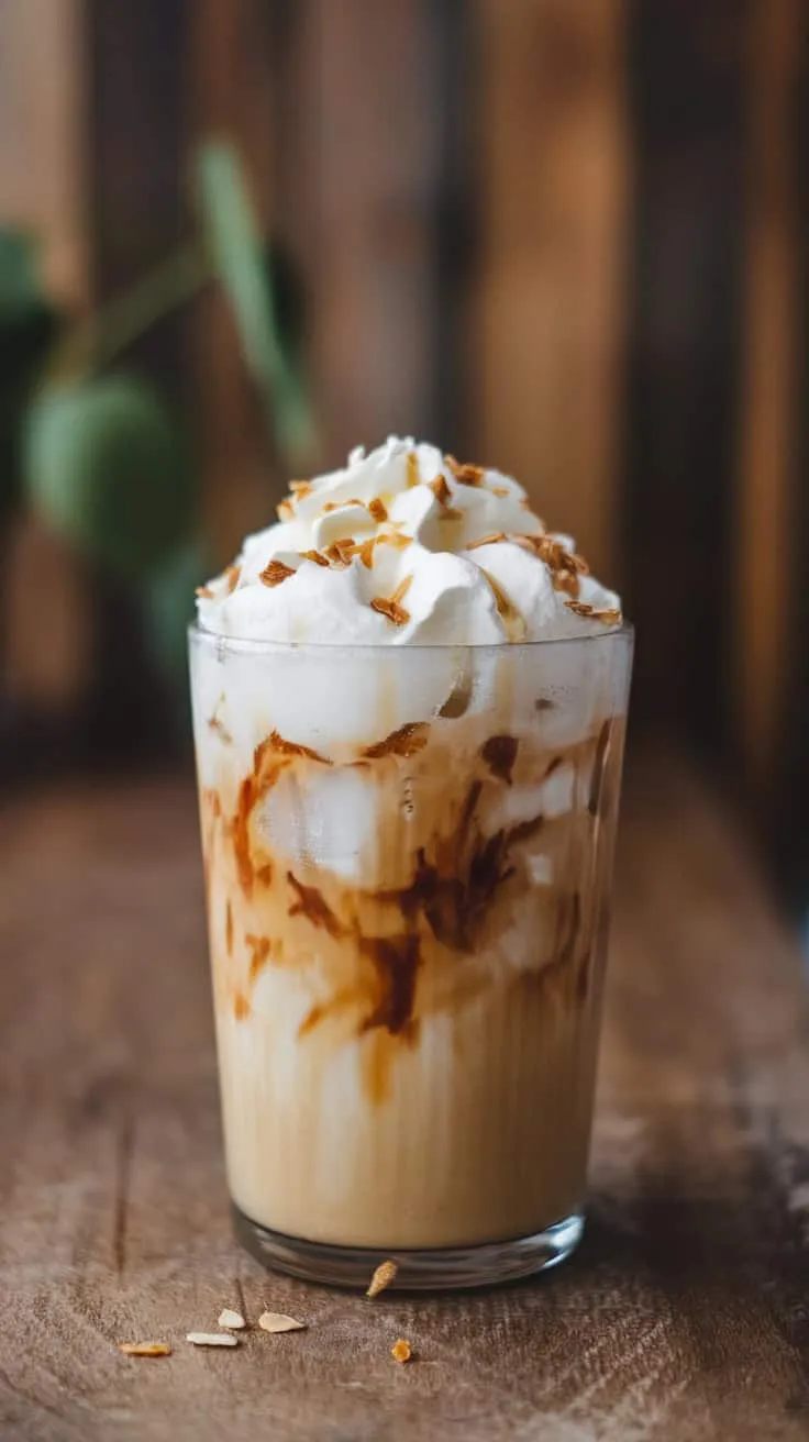 A glass of creamy iced coffee topped with whipped cream and almond slices.