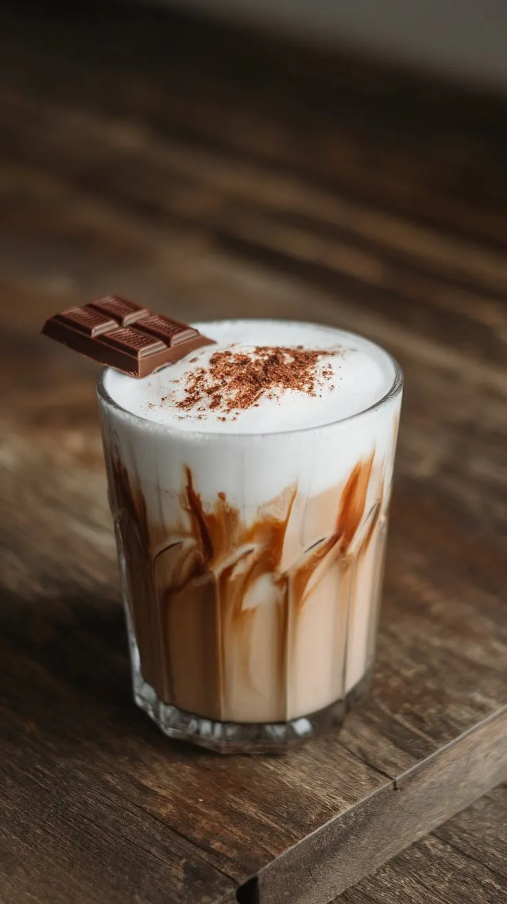 A glass of iced cappuccino topped with cream and chocolate on a wooden table.
