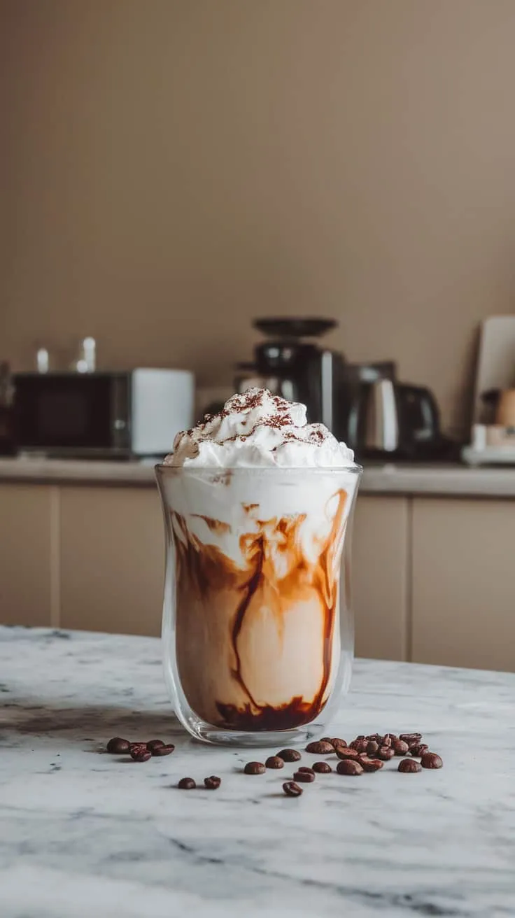 A glass of iced coffee topped with whipped cream and chocolate drizzle.