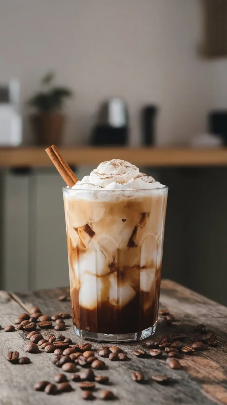 A glass of Keto Cinnamon Brown Sugar Iced Coffee with whipped cream and a cinnamon stick on top, surrounded by coffee beans.
