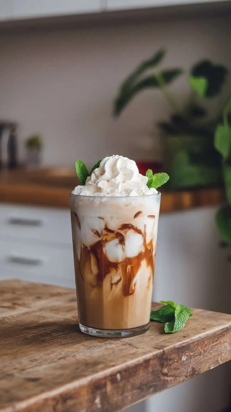 A glass of iced coffee topped with whipped cream and mint leaves, sitting on a wooden table.