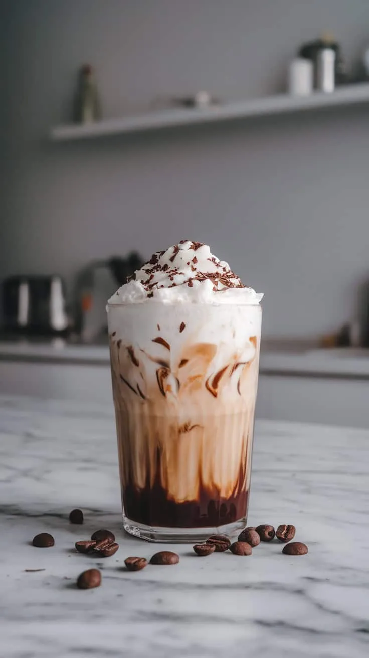 A glass of Keto Double Chocolate Mocha Iced Coffee topped with whipped cream and chocolate shavings.