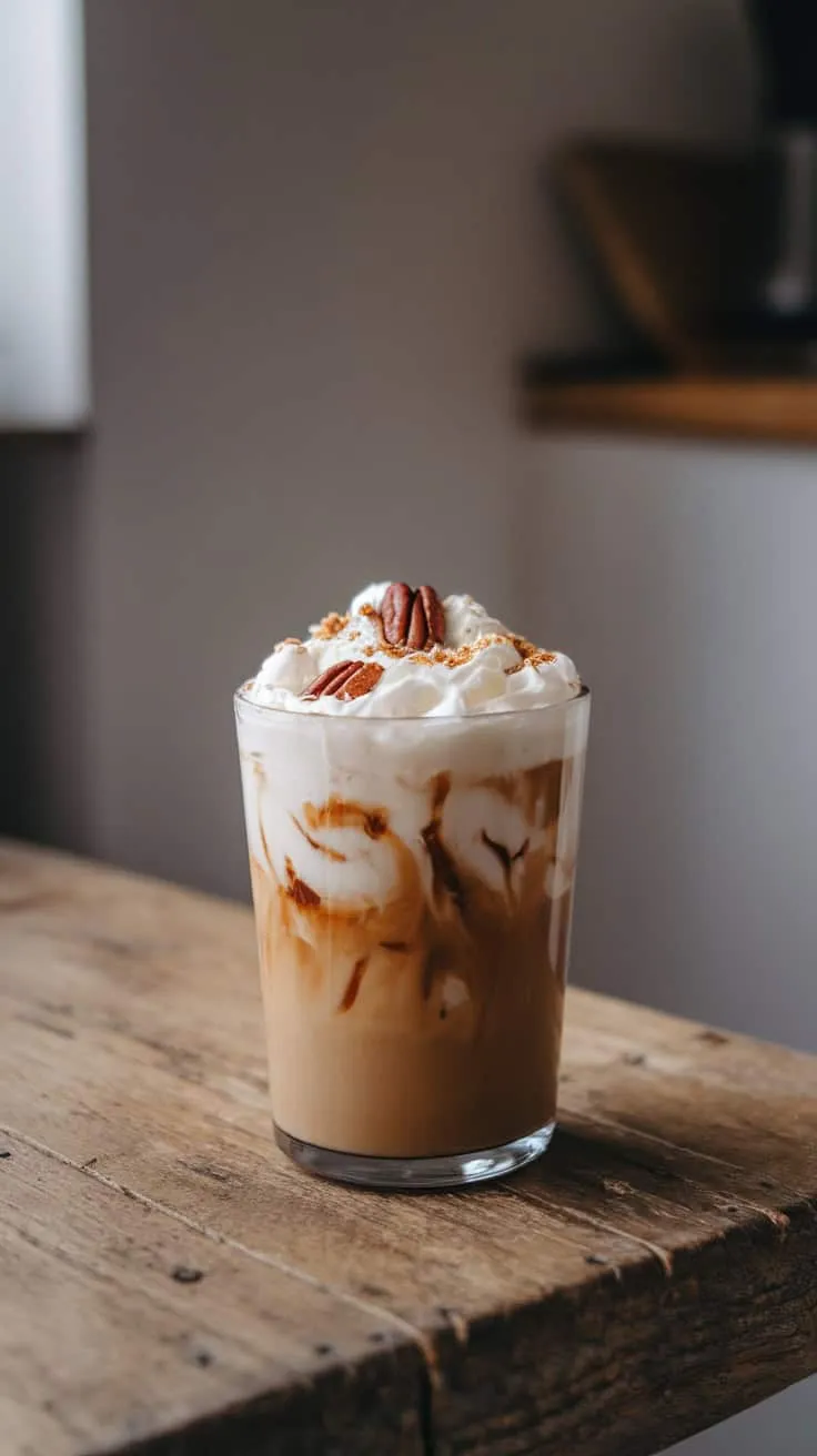 A glass of creamy iced coffee topped with whipped cream and pecans on a wooden table