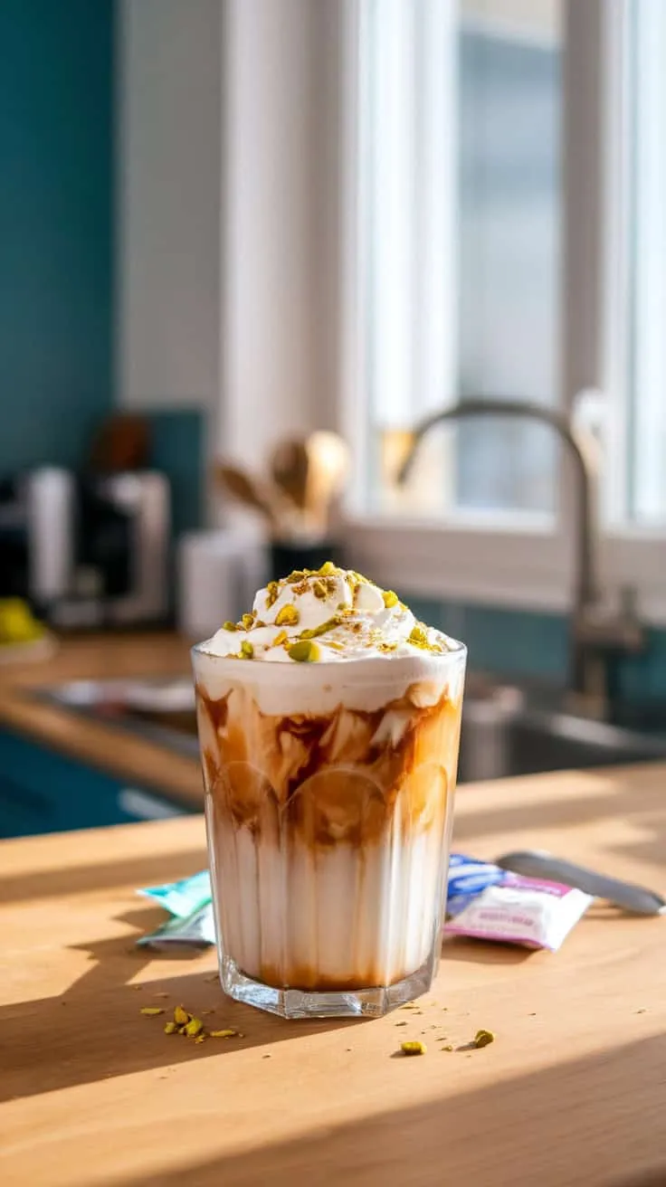 A glass of iced coffee topped with whipped cream and crushed pistachios, sitting on a wooden table