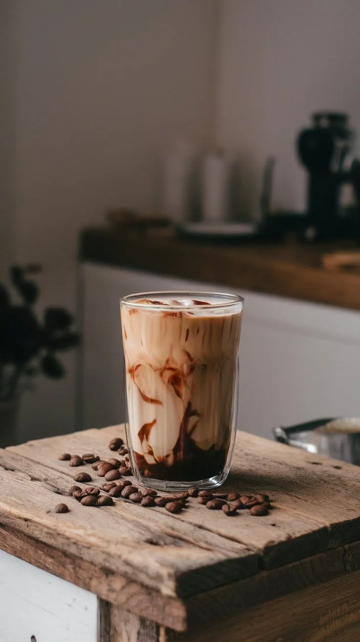 A glass of iced chocolate almond coffee with coffee beans scattered on a wooden table.