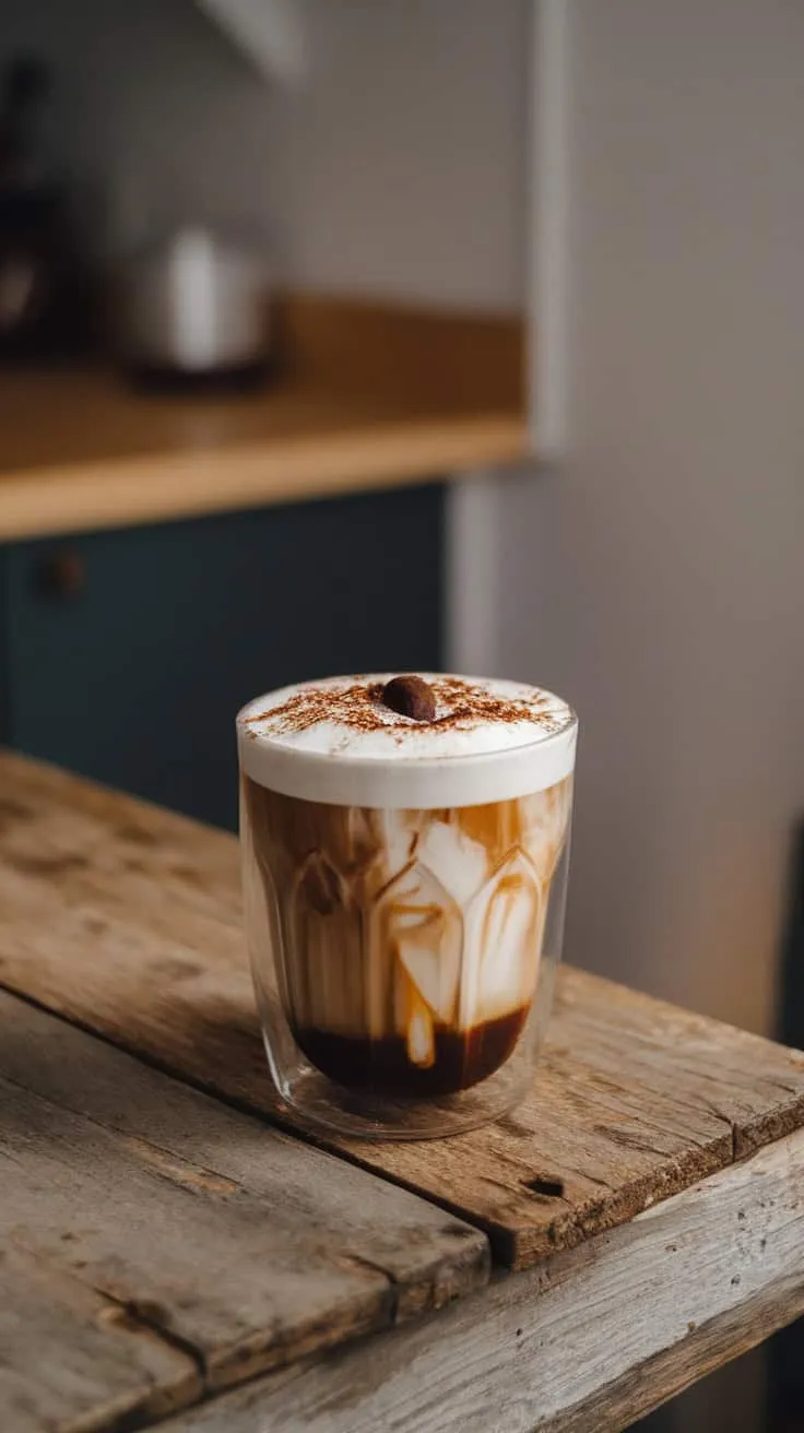 Keto Americano coffee with heavy cream in a glass on a wooden table.