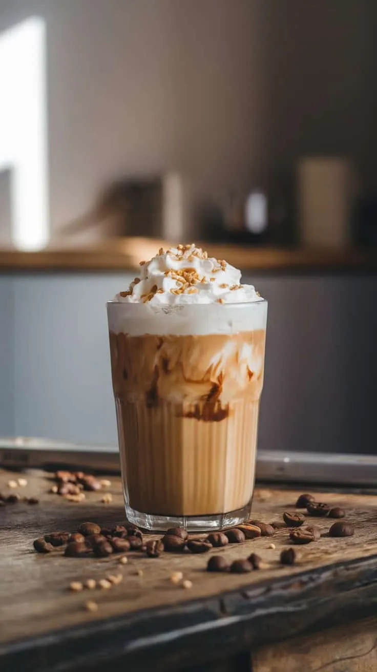 A glass of iced hazelnut cream coffee topped with whipped cream and nuts, sitting on a wooden table.
