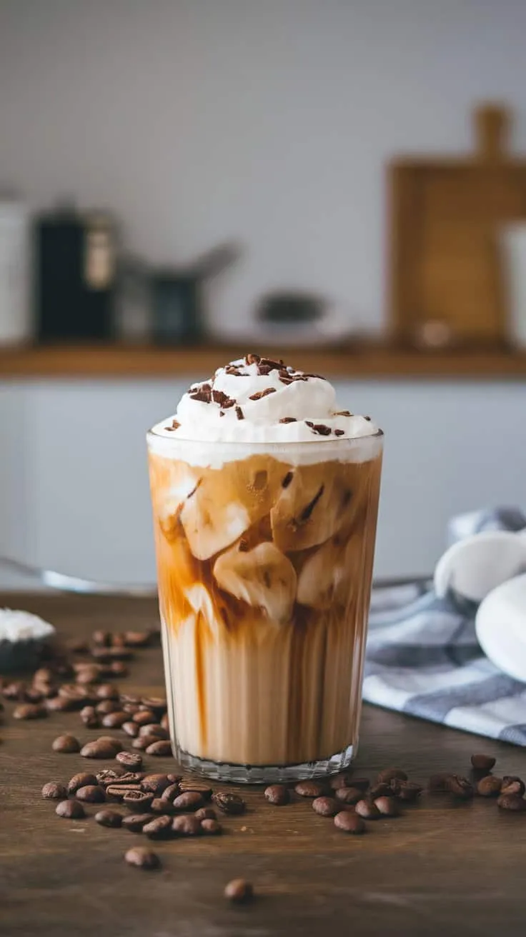 A glass of iced coffee topped with whipped cream and chocolate shavings, surrounded by coffee beans.