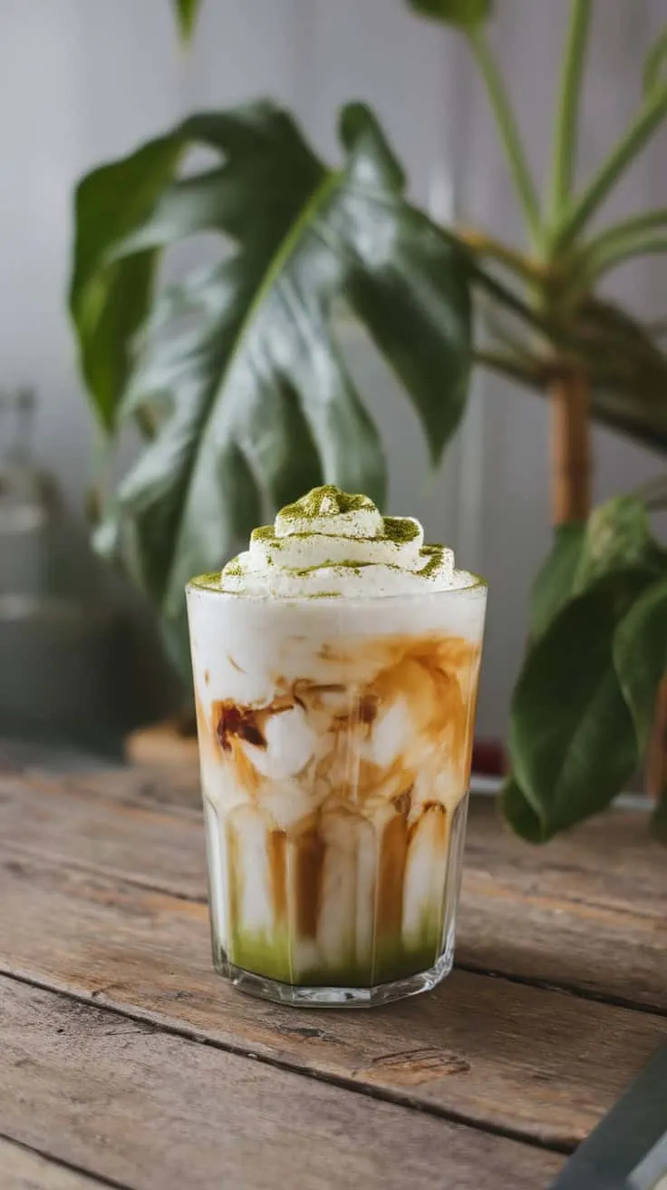 A glass of iced coffee topped with whipped cream and matcha powder, sitting on a wooden table with green plants in the background.