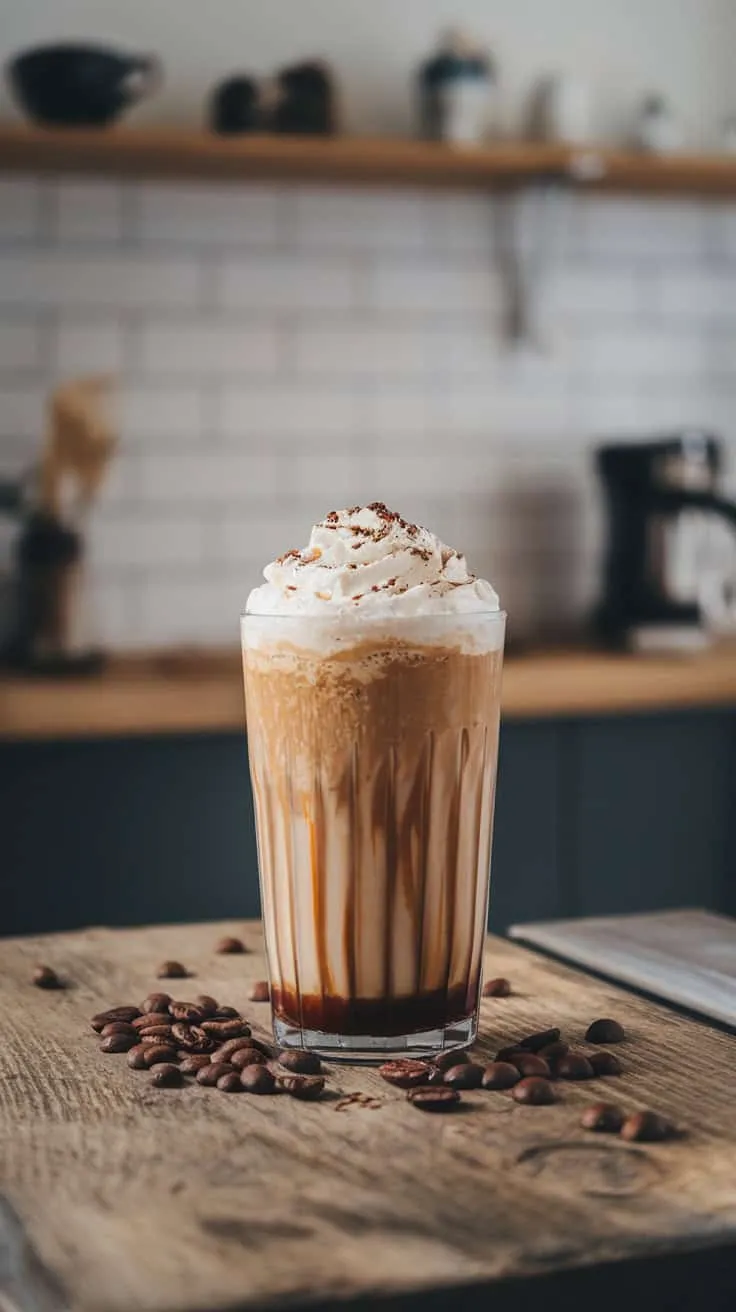 A delicious keto coffee frappe topped with whipped cream, served in a tall glass with coffee beans scattered around.