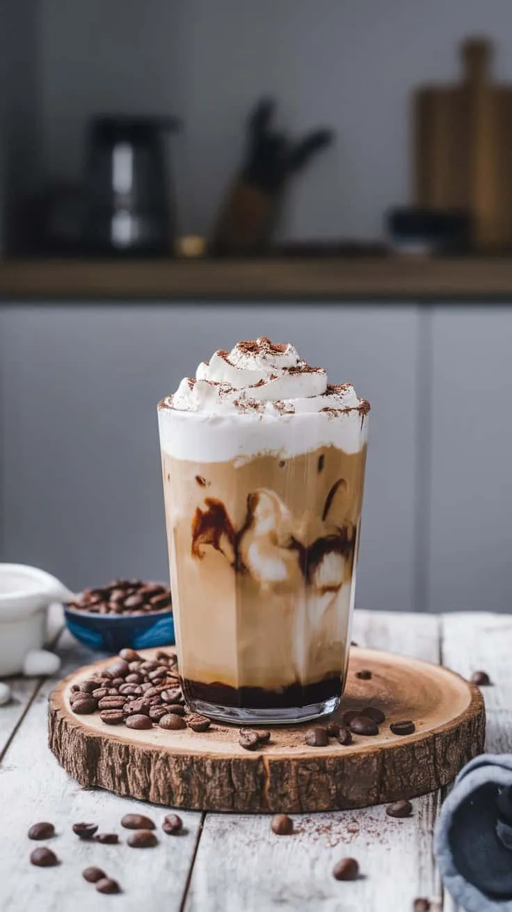 A glass of iced coffee topped with whipped cream, surrounded by coffee beans and a wooden plate.
