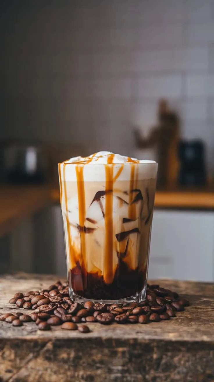 A delicious glass of Keto Salted Caramel Iced Coffee with whipped cream and caramel drizzle.