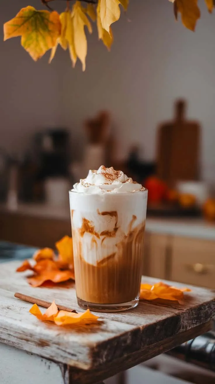 A glass of keto pumpkin spice iced coffee topped with whipped cream and cinnamon, surrounded by autumn leaves.