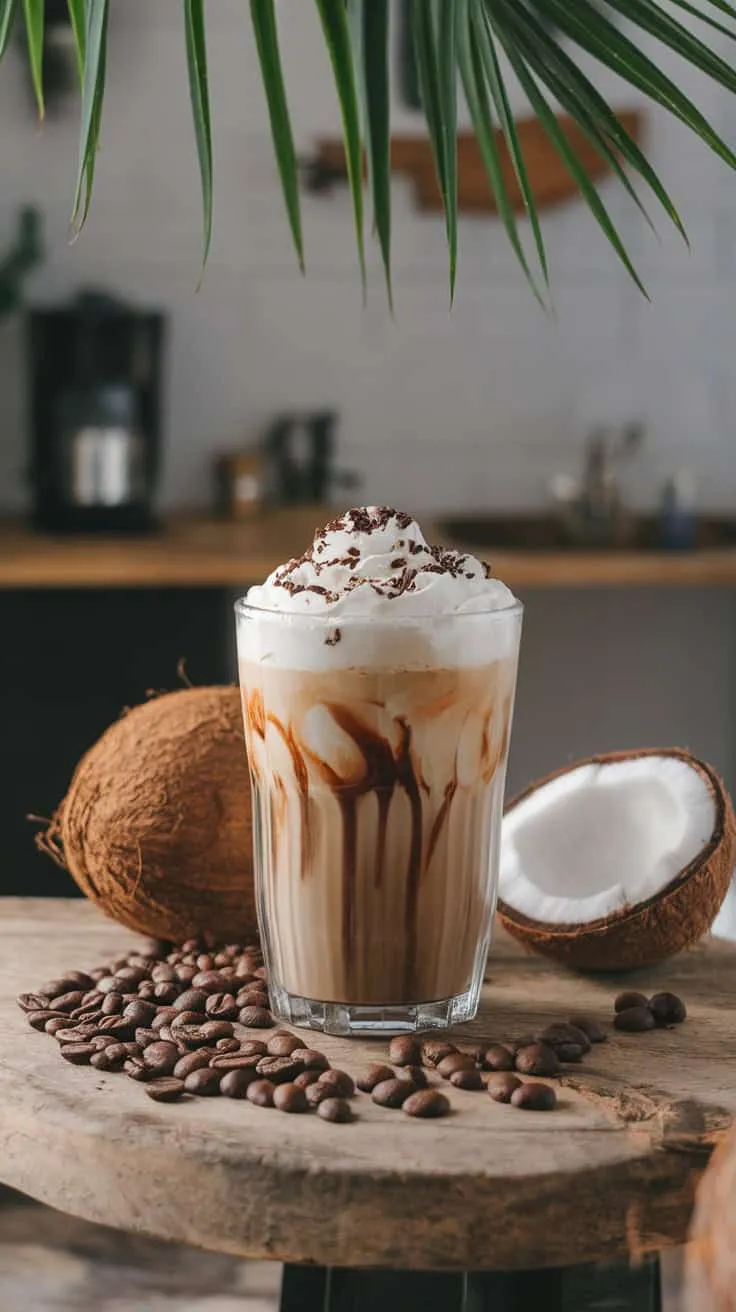 A glass of iced coffee topped with whipped cream and chocolate shavings, next to whole coconuts and coffee beans.