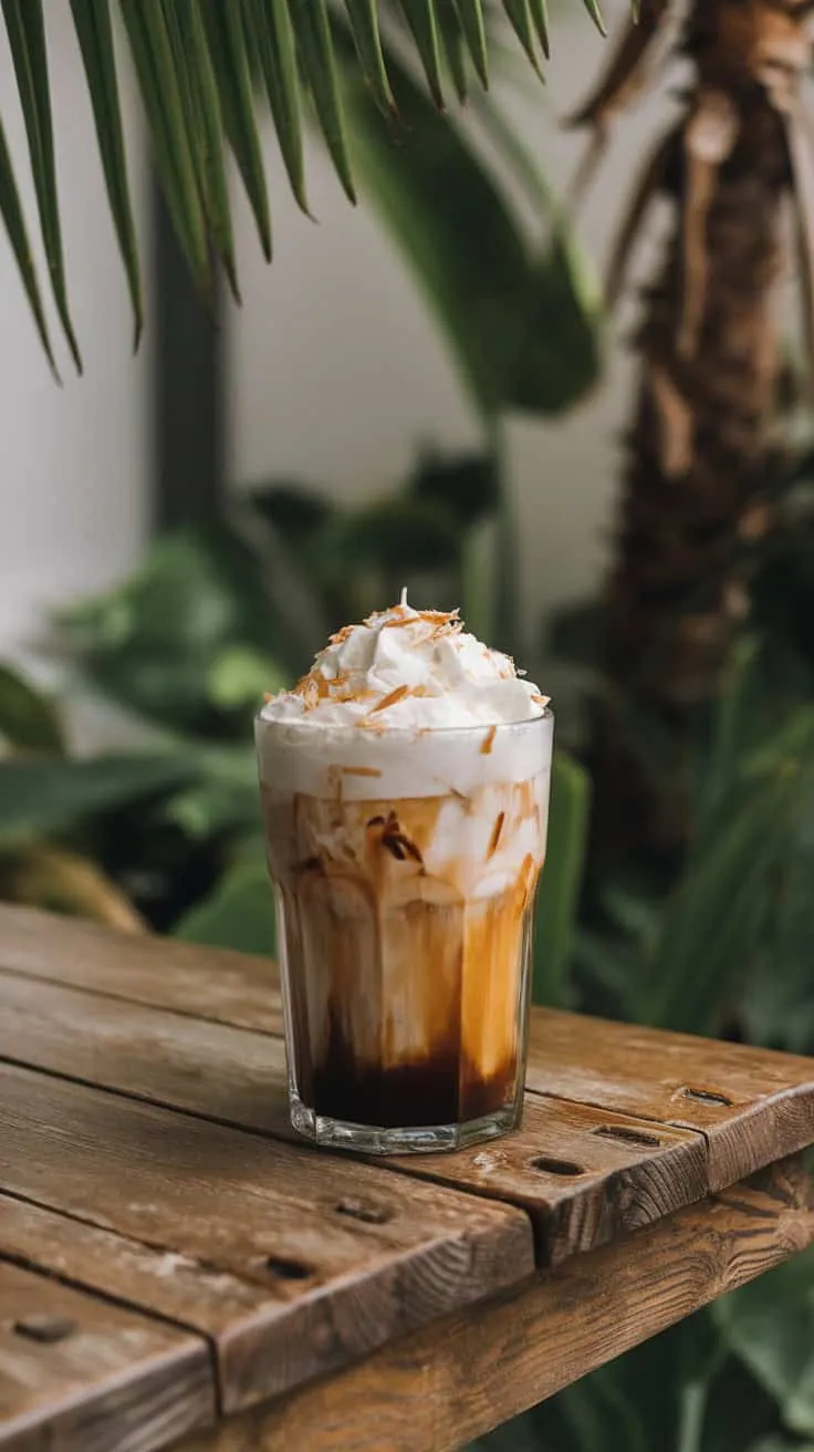 A glass of iced coffee topped with whipped cream and coconut flakes on a rustic wooden table.